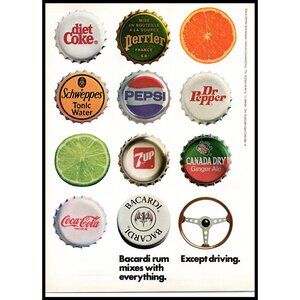 1985 Bacardi Rum Vintage Print Ad Mixer Bottlecaps Steering Wheel 80s Wall Art